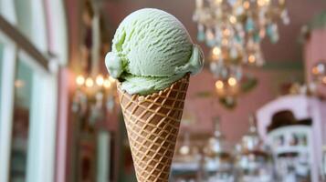 scoop of pistachio ice cream in cone, deliciously served photo