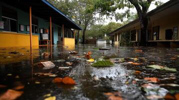 Flooded school building with water reflecting surroundings photo
