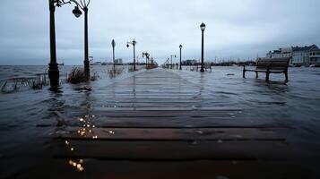 flooded boardwalk with submerged benches and lampposts photo