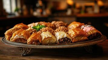 selection of baklava with various fillings and textures photo
