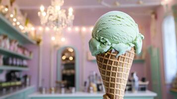 scoop of green pistachio ice cream in waffle cone photo