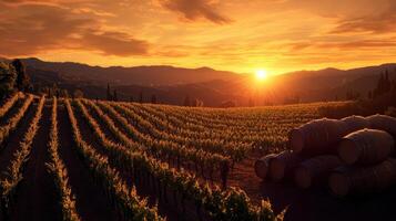 scenic vineyard at sunset with grapevines and barrels photo