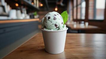 Mint chocolate chip ice cream in cup with mint leaf photo