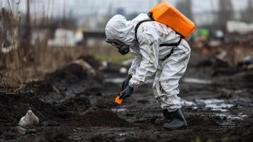 A man in a gas mask and protective suit is digging in the dirt photo