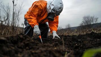A man in an orange jacket and protective gear is digging in the dirt photo