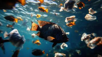 A fish swimming in the ocean with many other fish photo