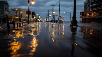 flooded seaside boardwalk at dusk with reflections photo