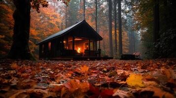 A cabin in the woods surrounded by autumn leaves photo