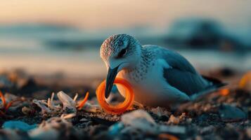 seabird struggles with plastic ring on beach photo