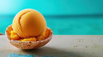 scoop of mango sorbet in shell on beach setting photo