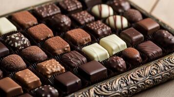 Assorted chocolates in decorative box, perfect for gifting photo