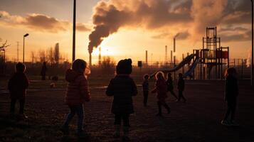 Children playing at sunset near playground and factory smoke photo