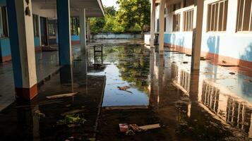 Flooded school building with debris and reflections in water photo