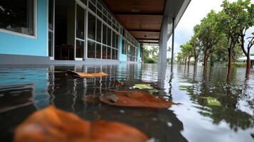Flooded school building with water reaching windows and leaves photo