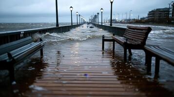 flooded boardwalk with benches submerged in water photo