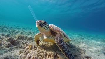 sea turtle swimming with plastic straw in its mouth photo