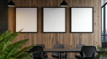 Empty picture frames on wooden wall in modern office photo