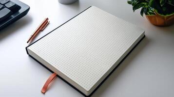 A notebook with a pen and a keyboard on a desk photo