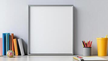 Blank white frame with books and pencils on a table photo
