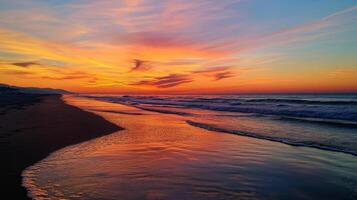serene sunset at beach with vibrant colors reflecting on water photo