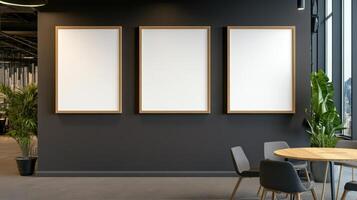 Empty picture frames on modern office wall with plants photo