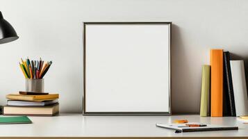 Blank white frame on a desk with books, pencils and a lamp photo