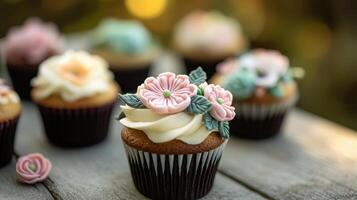 Cupcakes with flowers on a wooden table photo