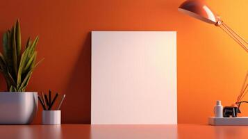 blank note paper on desk with plant and lamp photo