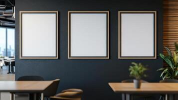 Empty picture frames on dark wall in modern office photo