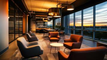 modern office lounge with comfortable seating and sunset view photo