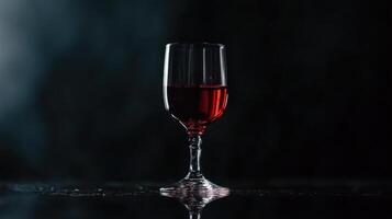 single glass of deep red wine on dark reflective surface photo