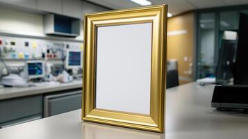Gold frame mockup on a table in a laboratory photo
