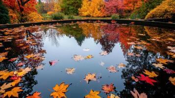 serene pond reflecting vibrant autumn foliage and leaves photo