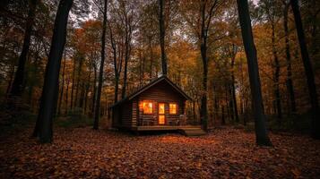 A small cabin in the woods at dusk photo