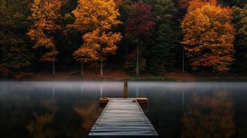 A dock in the middle of a lake surrounded by trees photo