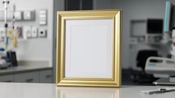 Gold frame mockup on a white table in a hospital photo