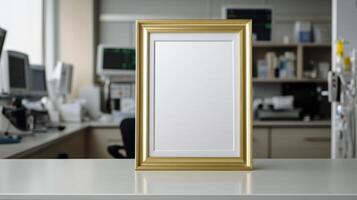 Gold frame mockup on white table in an office photo