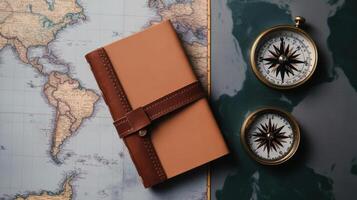 Compass and notebook on a world map photo