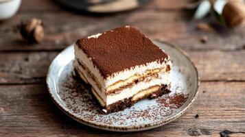 Delicious tiramisu dessert on rustic wooden table photo