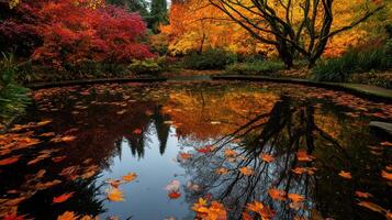serene pond reflecting vibrant autumn colors and trees photo