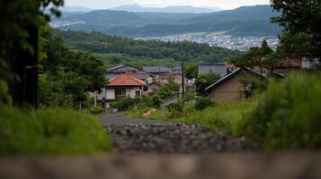serene small town nestled in lush greenery and hills photo