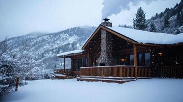 A log cabin is covered in snow photo