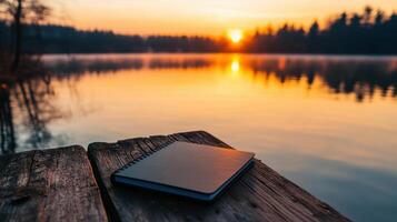 Notebook on wooden table with sunset in background photo