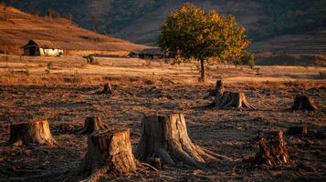 A tree stump in a field with a house in the background photo