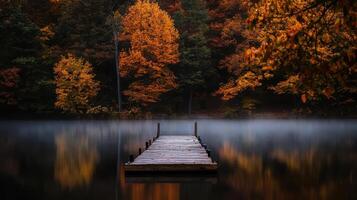 A dock in the middle of a lake in the fall photo