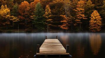 A dock in the middle of a lake surrounded by trees photo