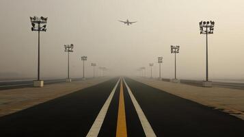 smog covered airport runway with plane approaching photo