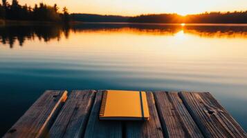 A notebook on a wooden dock at sunset photo