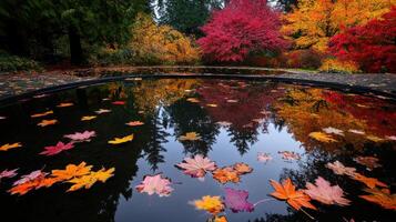 serene pond reflects vibrant autumn trees and colorful leaves photo