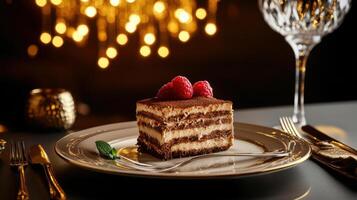 slice of tiramisu with raspberries on elegant plate photo